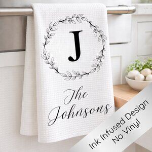 White Personalized Initial Family Name Tea Towel, Kitchen Towel
